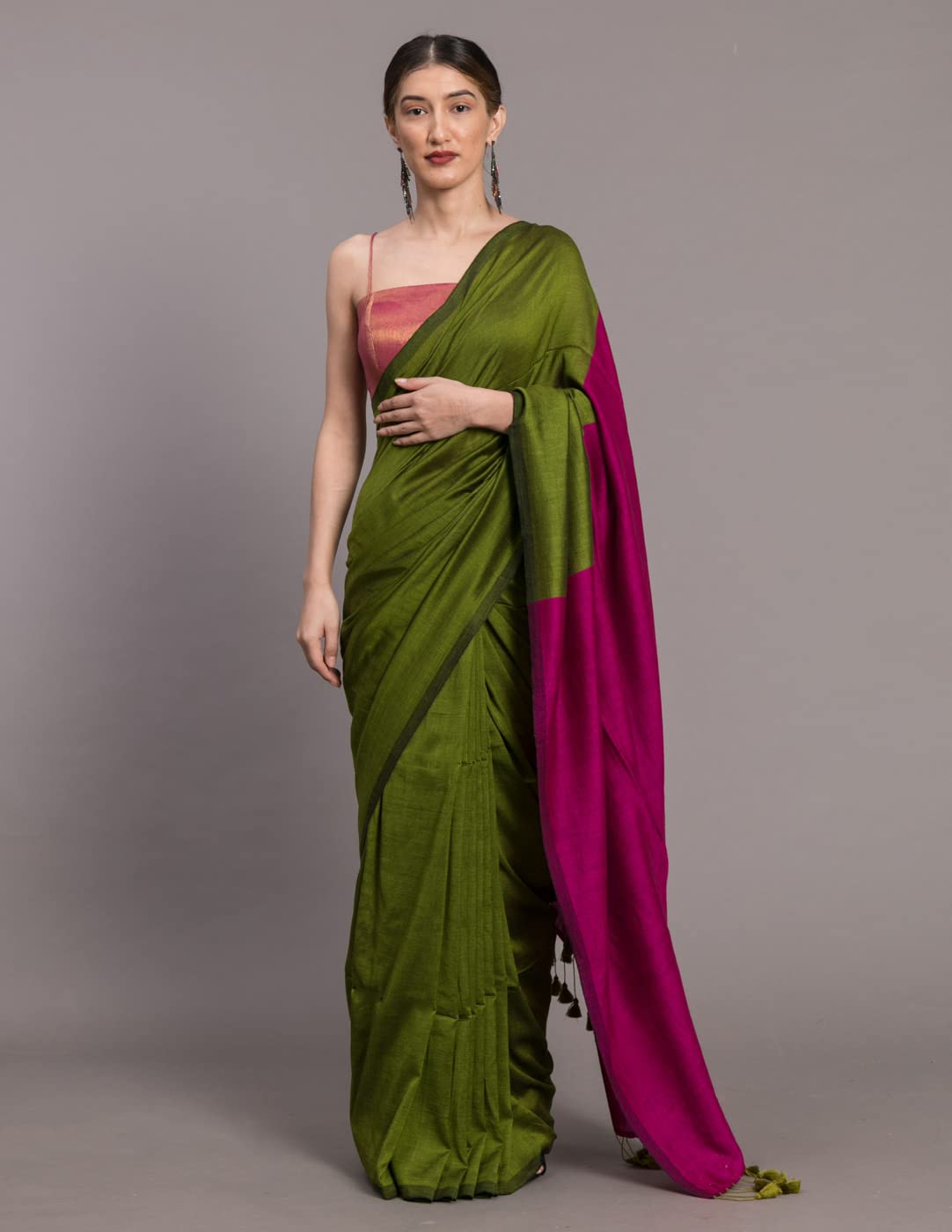 Suta Women's Plain Cotton Blend Saree with Blouse Piece | Dual Tone Saree | Green Saree | Pink Saree