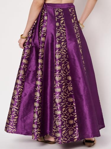 studio rasa Women's Dupion Block Printed Kalidaar Skirt for Wedding Festive Party(SKTC62509S_Purple_Small)