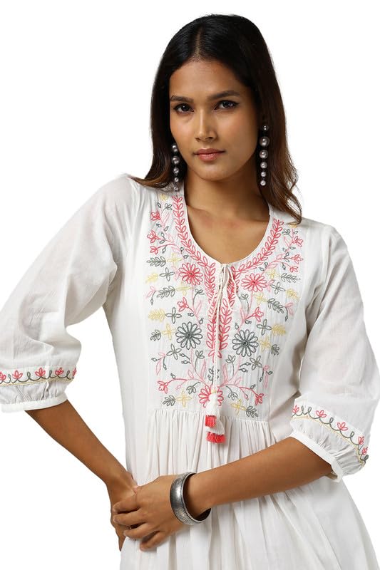 Soch Womens Off White Cotton Embroidered Dress with Thread Work