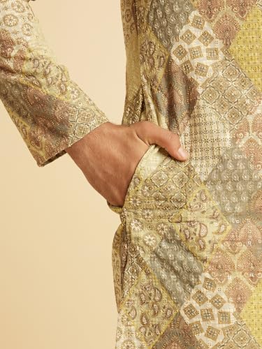 Manyavar Men's Cotton Blend Diamond Patchwork & Chikankari Kurta Pajama Set (Light Mid Green,S)