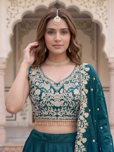 Zeel Clothing Women's Zari Sequins Embroidered Work Crush Silk Lehenga Choli With Dupatta (5136-Dove-Blue-Women-Lehenga-Choli; Free size)