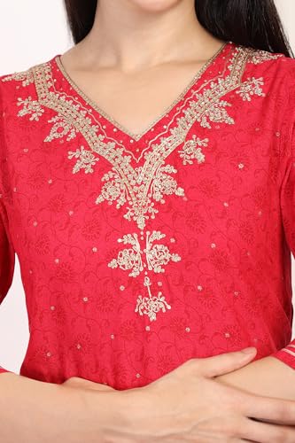 W for Woman Red Floral Print Zari Embroidered A-Line Kurta with Straight Pant (WS10102-125168-L)