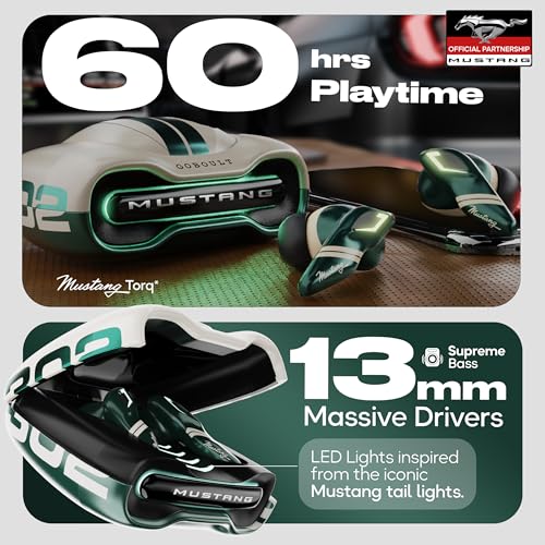 GOBOULT Mustang Torq Wireless in Ear Earbuds with 60H Playtime, App Support, Quad Mic ENC, 45ms Low Latency, 13mm Driver, Breathing LEDs, Made in India Ear Buds Wireless (Green)