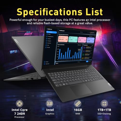Lenovo V15 Gen 5 15.6" FHD Business Laptop, Intel Core 7 240H, 16GB DDR5, 2TB Storage(1TB SSD+1TB Docking Station Set), Intel Graphics, Numeric Keypad, 720p HD Camera, Wi-Fi 6, Windows 11 Pro, Black