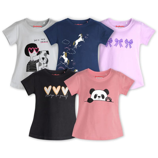 Real Basics Girl's Regular Fit Half Sleeve Tshirts Pack of 5 (RB-G-HTop-P5-1314-Set9_Multicolour_13-14 Years)