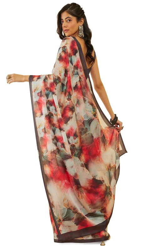 Soch Womens Charcoal Floral Print Crepe Saree