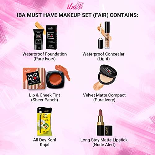 Iba Must Have Makeup Set (Fair) Waterproof Foundation, Concealer, Matte Compact, Lip & Cheek Tint, Matte Lipstick, Smudge Proof Kajal