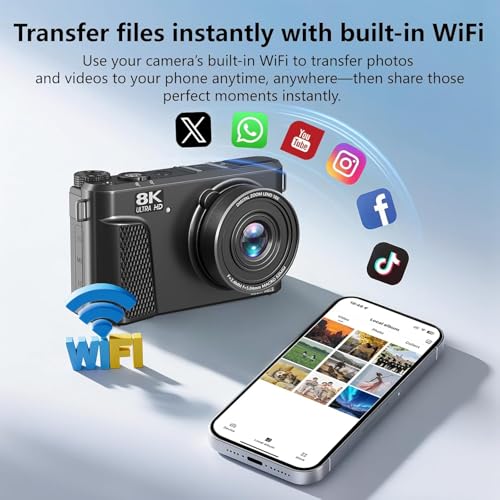 CAMKORY 8K Digital Camera, 88MP Vlogging Camera for YouTube/Photography with 3" 180° Flip Screen, Fill Light, WiFi, Filters, Beauty Features Includes 32GB SD Card & 2 Batteries, Matte Black