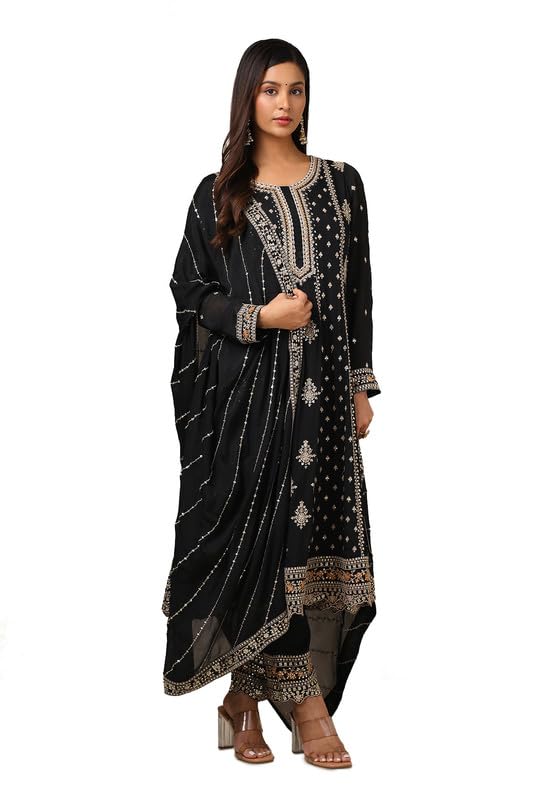 Soch Womens Black Chinon Embroidered Anarkali Suit Set With Sequins