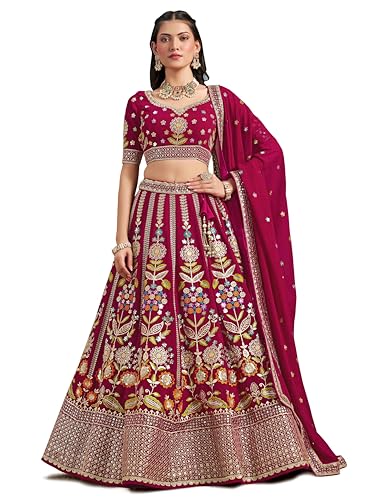Zeel Clothing Women's Sequins Thread Embroidered Georgette Lehenga Choli With Dupatta (6008-Pink-Women-Lehenga-Choli-New; Free Size)(Pink)