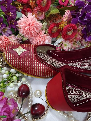 Fulkari Women Red 3D Stone Gold Casual Genuine Soft Leather Jutis | Bite and Pinch Free Juttis | Punjabi Jutti | Girl's Office Flat Ladies Mojari | dailywear Ethnic Juti | 38