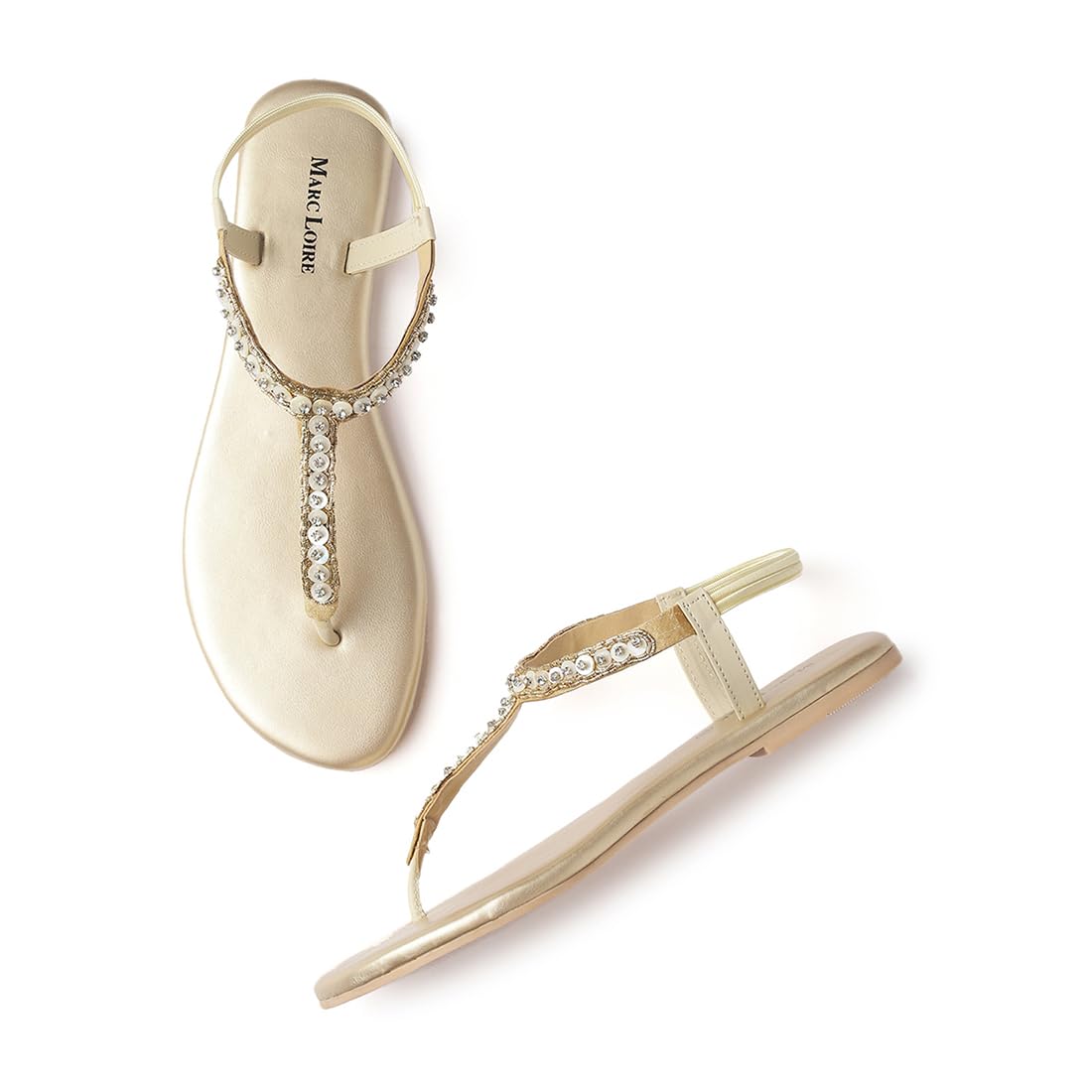Marc Loire Embellished T-Strap Flat Fashion Sandals for Women (Gold, UK Footwear Size System, Adult, Women, Numeric, Medium, 3)