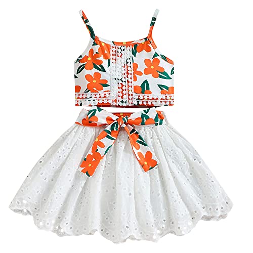 Hopscotch Polyester Girls Floral Print Slim Fit Blouseskirt Set In Orange Color For Ages 4-5 Years