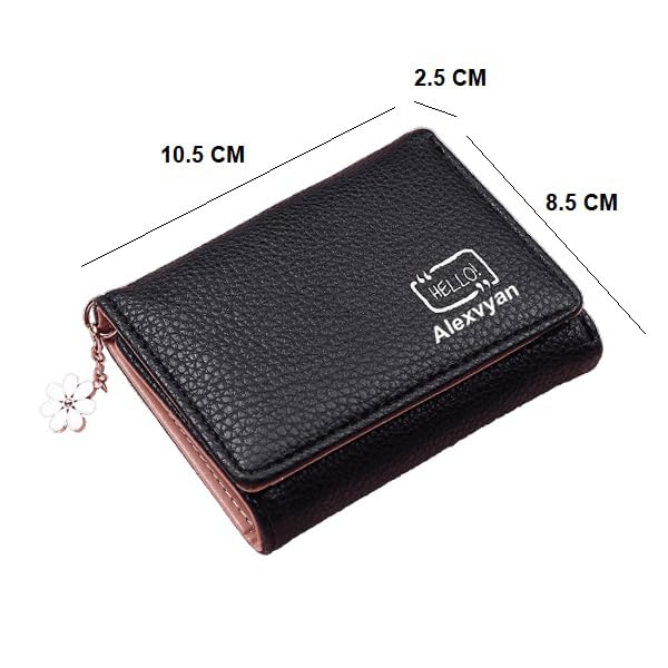 Alexvyan Black Hello Small Tri-Fold Women's Purse Wallet Card Organizer Female Hand Purse Clutch Women/Ladies/Girls Wallets 5 Card Holder 1 Long & 1 Small Pocket