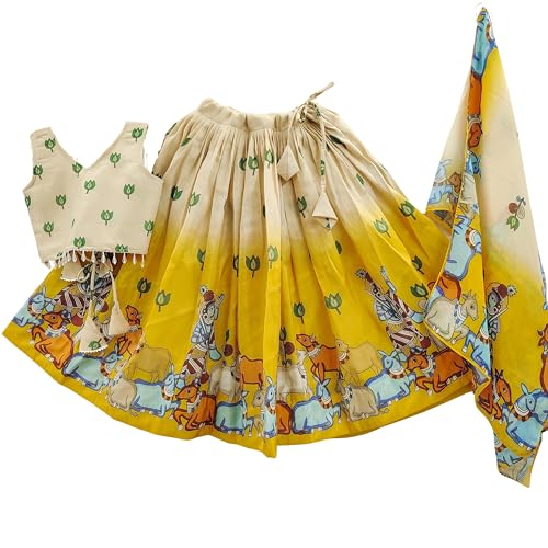 Tejam Girls Printed Lehenga Choli Set with Dupatta - Ethnic Wear Wedding Outfits Suitable For Girls 2 To 8 Years (Yellow, 3-4 Year)