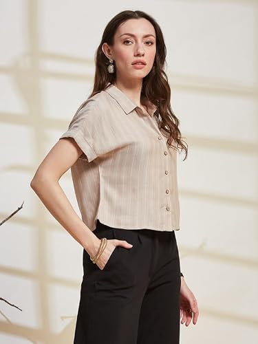 Latin Quarters Women's Beige Striped Collared Cap Sleeve Casual Shirt_M