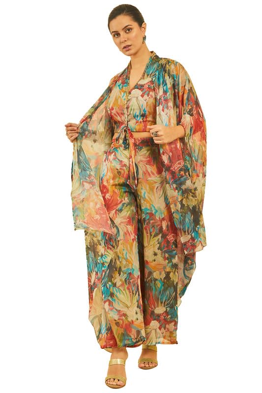 Soch Womens Multicolor Chiffon Blend Botanical Print Co-Ord Set