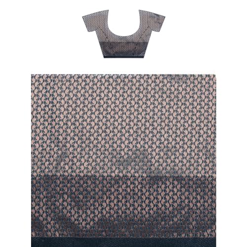 Kalyan Silks Women's Blue Silver Zig Zak Desigen Semi Silks Saree With Temple Border With Zari Blue Blouse
