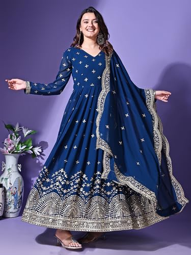 Fashion Basket Faux Georgette Sequins Anarkali Dress for Women (in, Alpha, M, Regular, Turquoise)