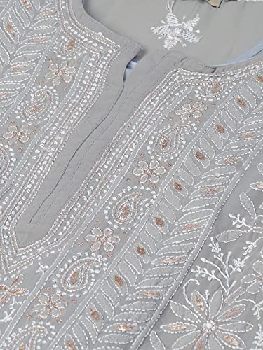 Ada Ladies Georgette Kurta with Slip Traditional Handcrafted Lucknow Chikankari Kurti Dress A411115 (Grey, XL)