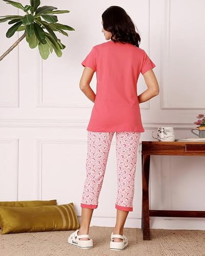 BODYCARE Women's Cotton Printed T-Shirt and Capri Set | Soft & Breathable Nightwear | Short Sleeves | Loungewear Co-Ord Set| BSCS16028_95 Multicolour