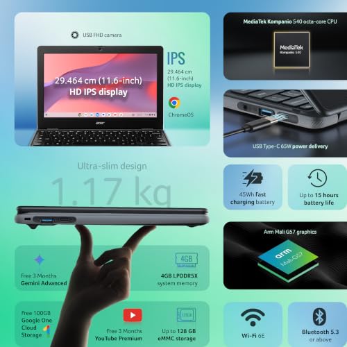 Acer Chromebook, MediaTek Kompanio 540 Octa-Core Processor, 4GB RAM, 64GB eMMC, Full HD, 11.6"/27.94cm Display, Chrome OS, Black, 1.2 KG, C725, Arm Mali G57 Graphics, WiFi 6E Laptop