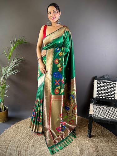 Panzora Women's Green Kanjivaram Paithani Silk Saree With Unstitched Blouse Piece