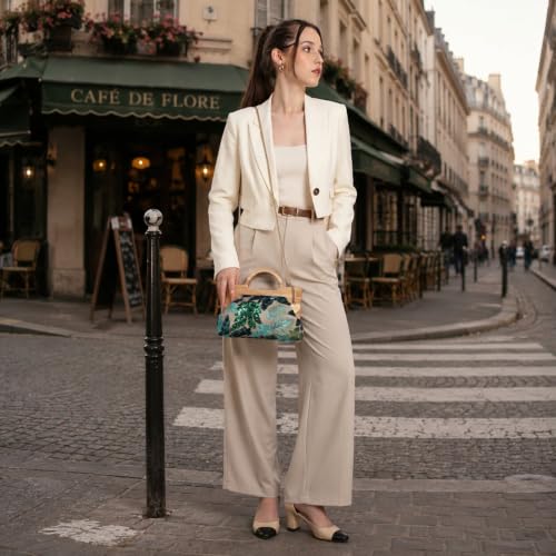 Caprese Emily in Paris Riyo Embroidered Clutch for Women | Medium Handheld Bag with Chain Strap | Faux Leather Evening Clutch | Kiss-Lock Closure | Metal Charm