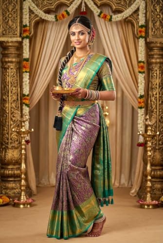 VFCollections Women's Traditional Handloom Kanchipuram Silk Pure Pattu Saree Purple & Teal Green Royal Wedding Border & Floral Butta With Rich Zari Woven Design | Bridal Saree | Unstitched Blouse