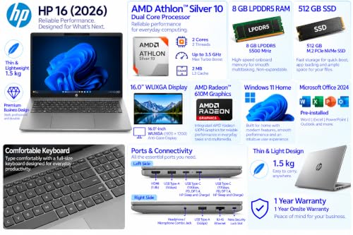 HP 16 (2026), AMD Athlon Dual Core Silver 10 - (8 GB DDR5/512 GB SSD/AMD Radeon 610M Graphics/Windows 11 Home) Thin and Light Business Laptop/16.0" WUXGA Display/Silver/Copilot Key/1.5 Kg/MSO 2024