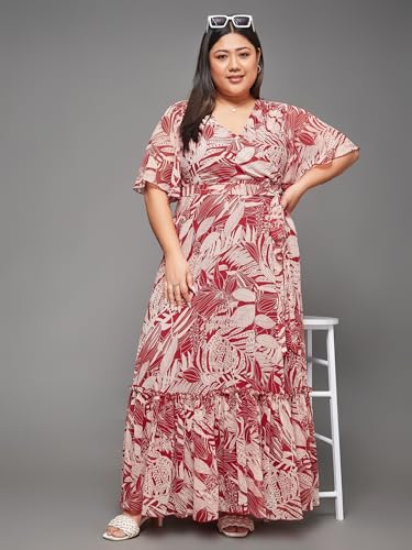 Miss Chase A+ Women's V-Neck Flared Sleeve Floral Wrap Chiffon Maxi Dress with Pockets (APAW21D06-14-224-06, Multicolored-Base-Maroon, XL)