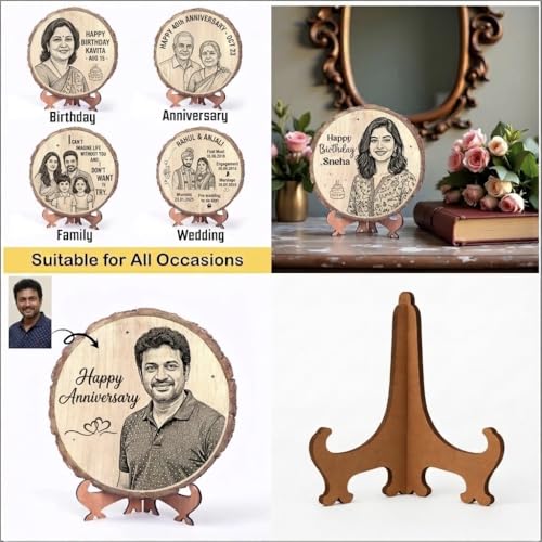 Natural Wooden Slice Photo Frame | 6 Inch Custom Photo Gift Item | Laser Engraved Natural Wood Slice with Stand | Handmade Personalized Gift for Pre-wedding Ceremony