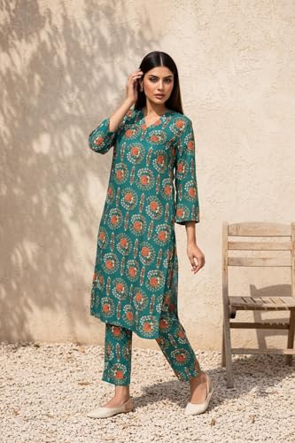 W for Woman Green Floral Printed Rayon Straight Kurta with Straight Pant and Dupatta Set (WS13526-127092-L)