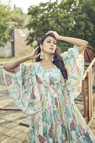 Samprag Rayon Gown for Women | Full Length | Printed | Fit & Flare | Flared & Bell Sleeves | Round Neck | Ethenic Dress | Ideal for Casual, Wedding & Party Occassions | Off-White & Pink | XL
