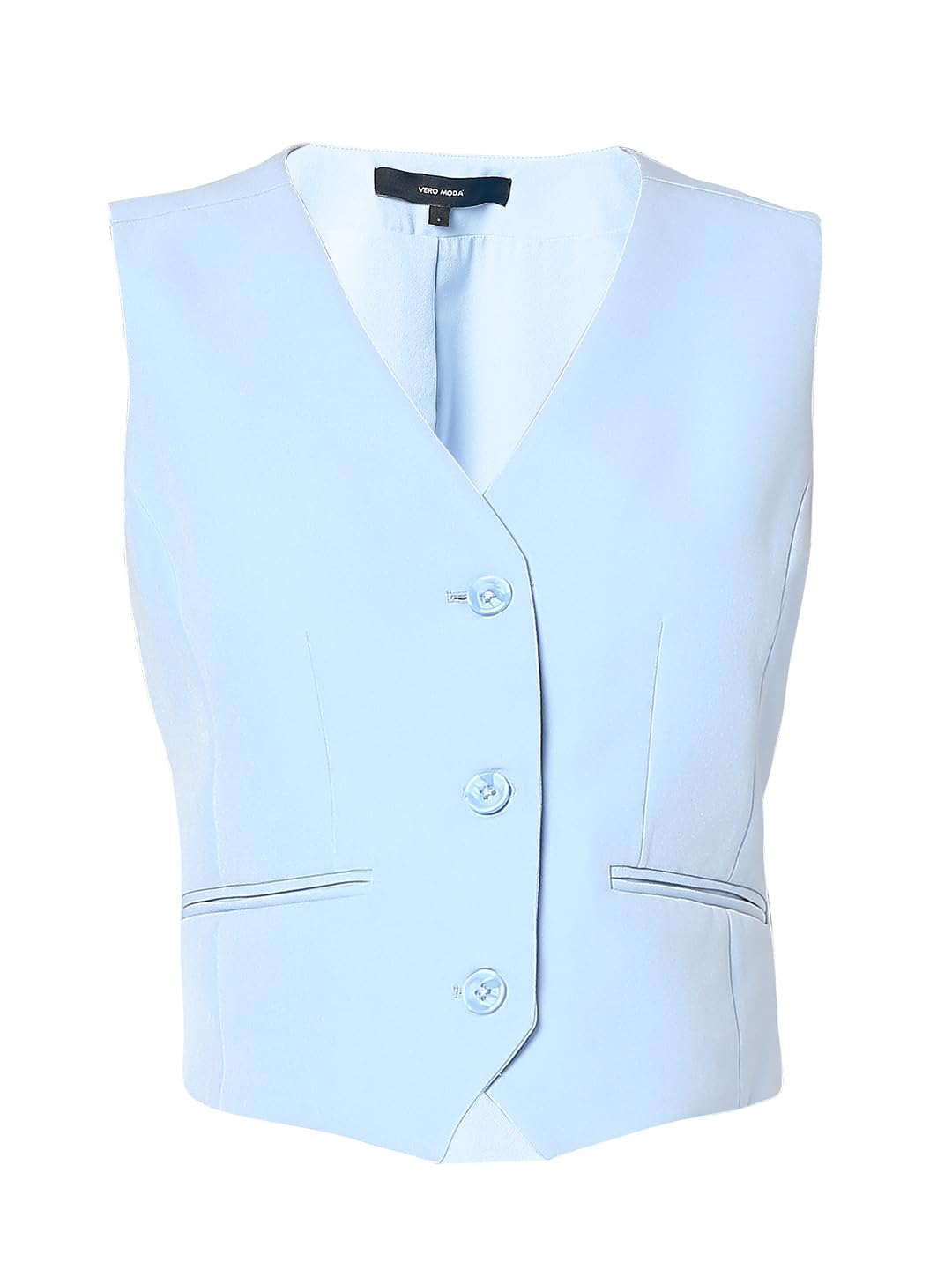VERO MODA Women Solid Blue Polyester Regular Fit Single Breasted Waistcoat