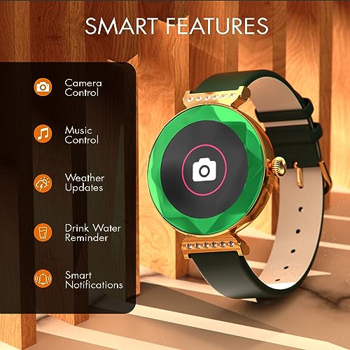 Fire-Boltt Emerald Gemstone-Studded Diamond Cut Smart Watch with 1.09” HD Display, Multiple Sports Modes, Health Suite, Wireless Charging, IP68 with Additional Stainless Steel Strap (Green)