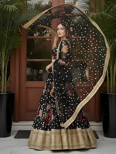 Zeel Clothing Women's Floral Print, Zari and Sequins Embroidered Work Banglori Silk Semi-Stitched Lehenga Choli With Dupatta (7508-Black-Wedding-Lehenga-Choli, Free size) (Black)