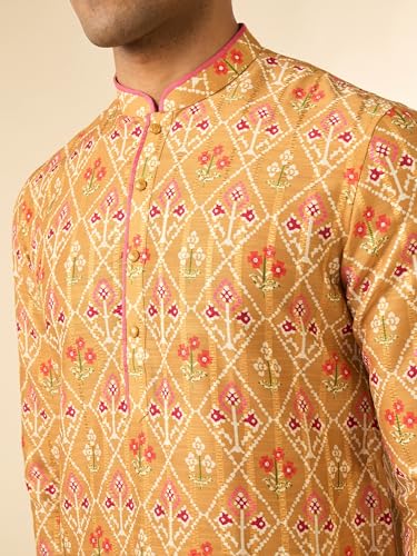 DIWAS BY MANYAVAR Men's Art Silk Ikat Style Printed Kurta Set (Mustard,M)