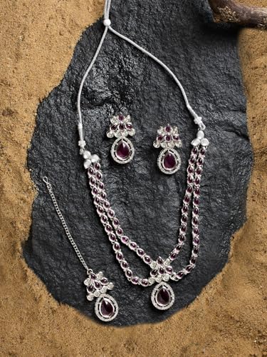 Ami Purple Stones Dazzling Austrian Diamonds Necklace Earring and Maangtikka Set For Women-ZPFK19470