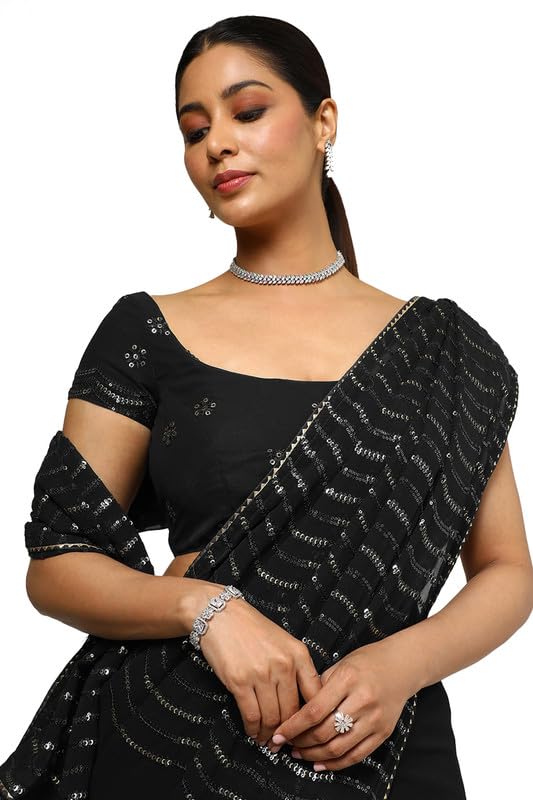 Soch Womens Black Sequin Embellished Georgette Saree
