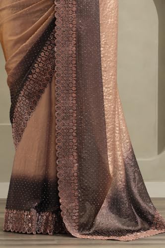 Soch Womens Brown Fendy Organza Ombre Stone Embellished Saree