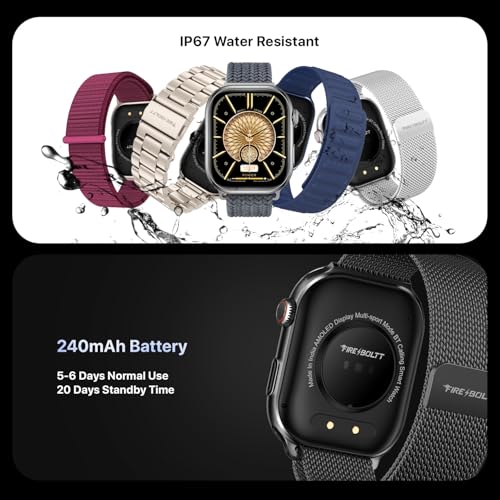 Fire-Boltt Brillia Pro Smart Watch with 51.3mm (2.02 inch) AMOLED Display, Bluetooth Calling, SpO2, Heart Rate Monitoring, 120+ Sports Modes, IP67 Waterproof, Long Battery Life (Black Mesh)