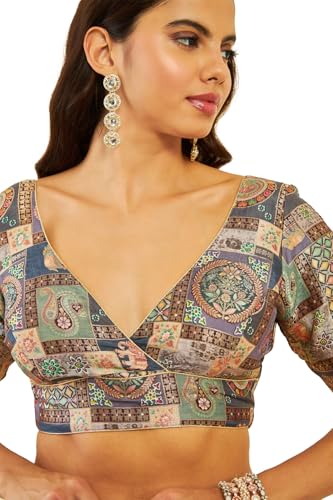 Soch Womens Grey Silk Zari Woven Back-Open V-Neck Blouse