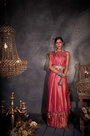 Vardha Women's Kanchipuram Art Silk Saree with Unstitched Blouse Piece - Gold Copper Silver Zari Woven Work Sarees for Wedding (Ayana Silk_538)