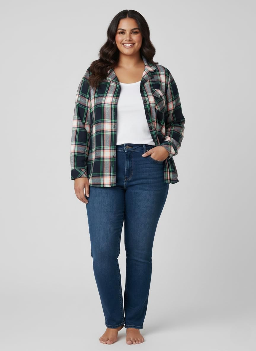 Angoori Fashion Women's Plus Size Plaid Shirt, Brown Black White Check Pattern, Button-Down with Chest Pocket, Roll-Up Sleeves (in, Alpha, M, Regular, Multicolor)