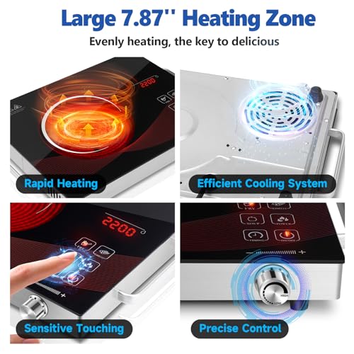 Sizzle Cook Single Burner Infrared Electric Stove, Small Countertop Portable Hot Plate for Cooking, 2200W Ceramic Glass Infrared Burner with LCD Touch Screen