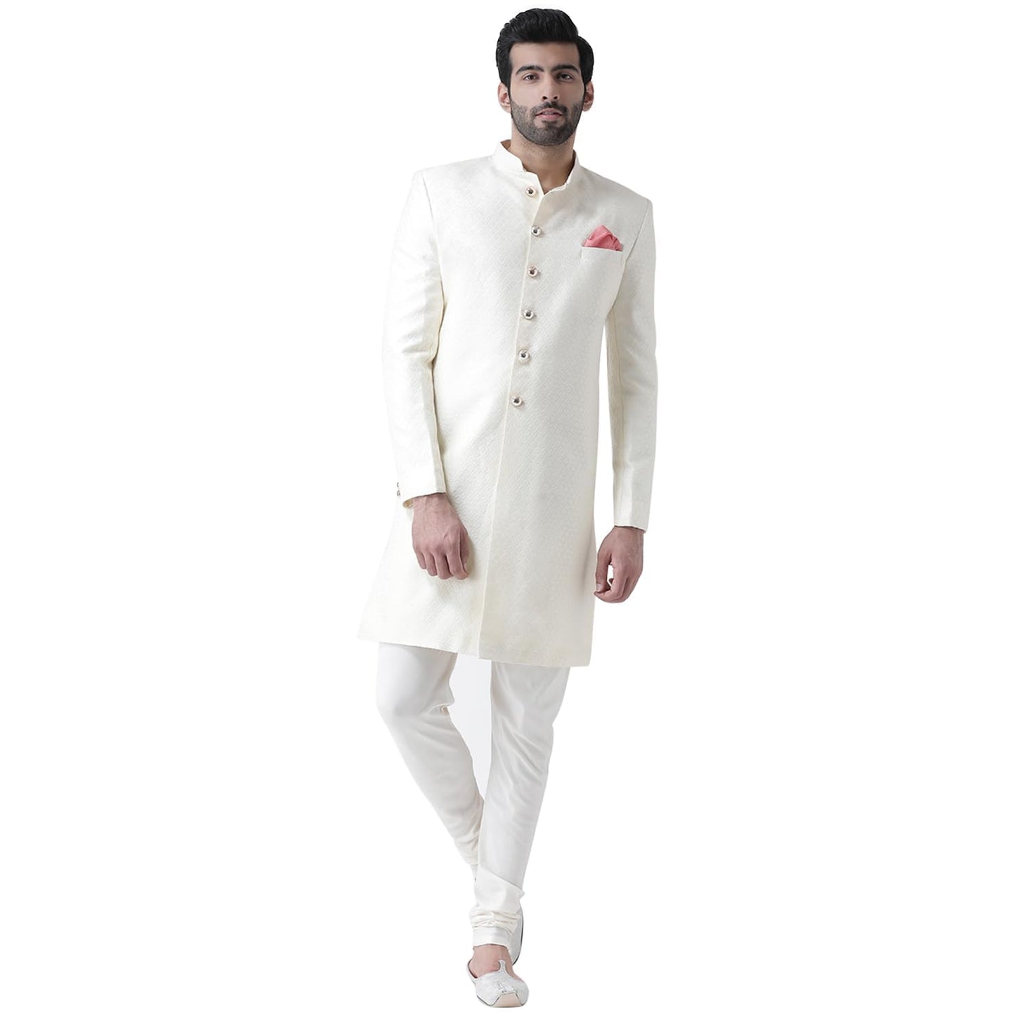 KISAH Sherwani for Men Wedding – Jacquard Indo Western Sherwani with Churidar | Designer Ethnic Outfit for Groom & Festivals, Off White, 40