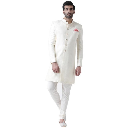 KISAH Sherwani for Men Wedding – Jacquard Indo Western Sherwani with Churidar | Designer Ethnic Outfit for Groom & Festivals, Off White, 40
