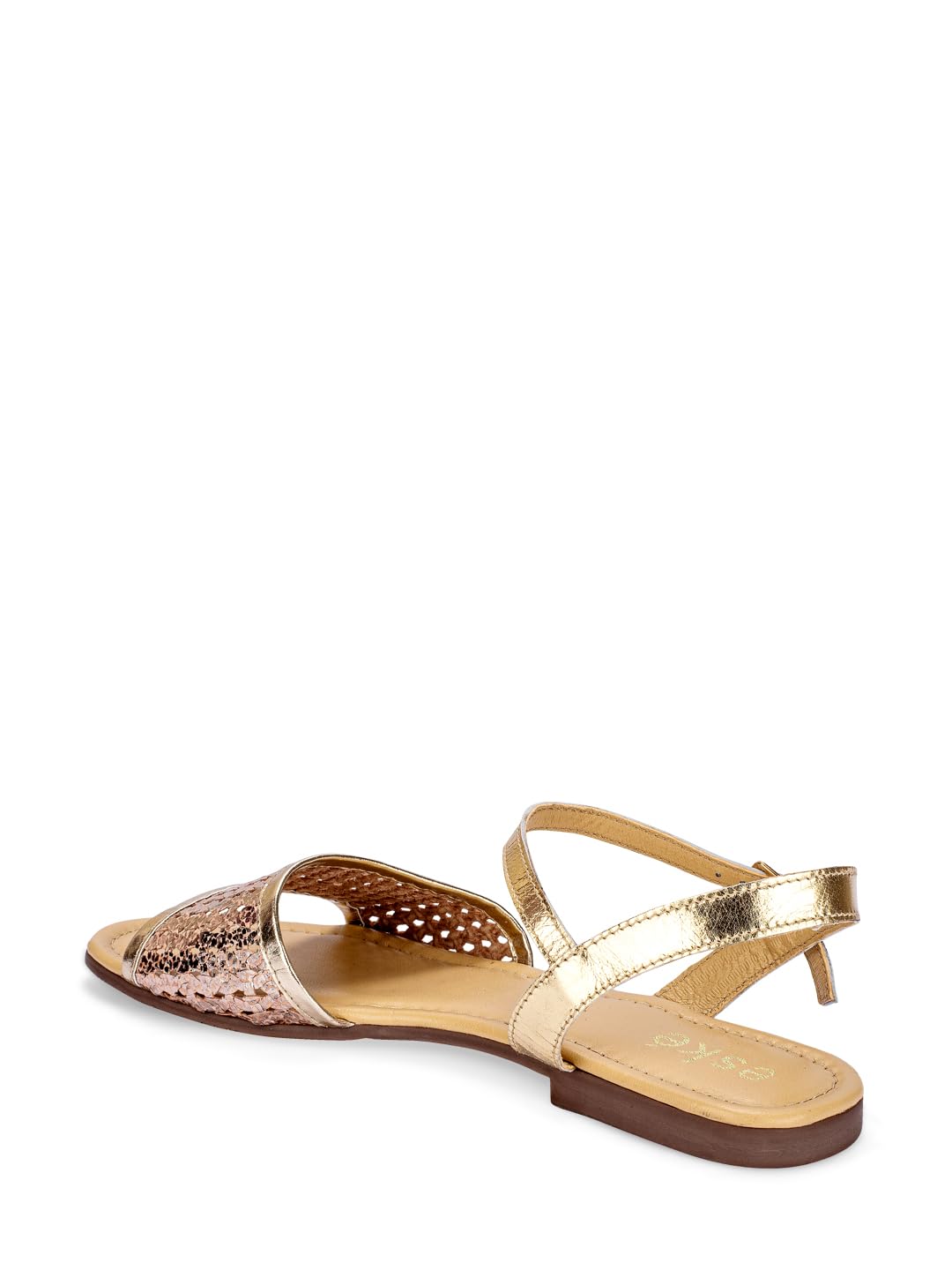 eske Cielle Women's Metallic Leather Flat Sandals with Ankle Strap | Buckle Closure | Cushioned Leather Insole | Glitter Embellished Party Wear Flats for Women