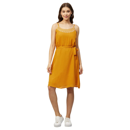 Carlton London Women's Rayon A-Line Knee-Length Casual Dress (CL029_Mustard_XL)